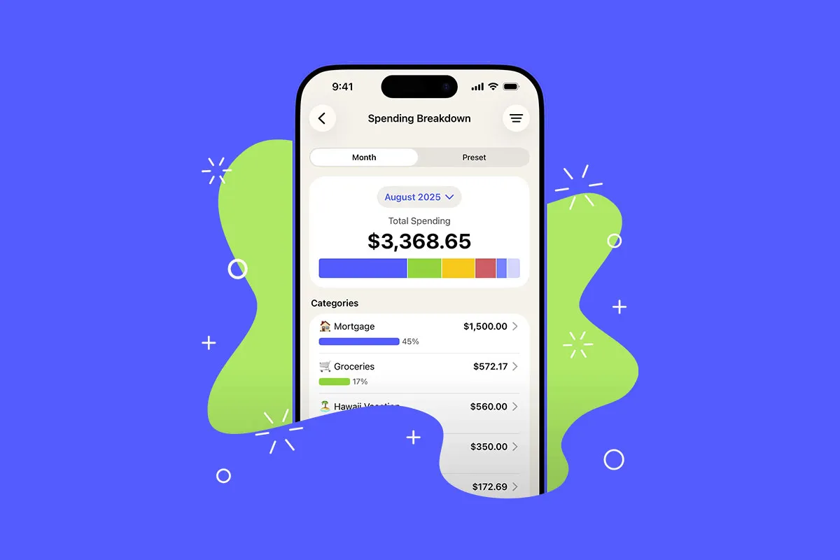 Budgeting app showing monthly spending broken down by category.