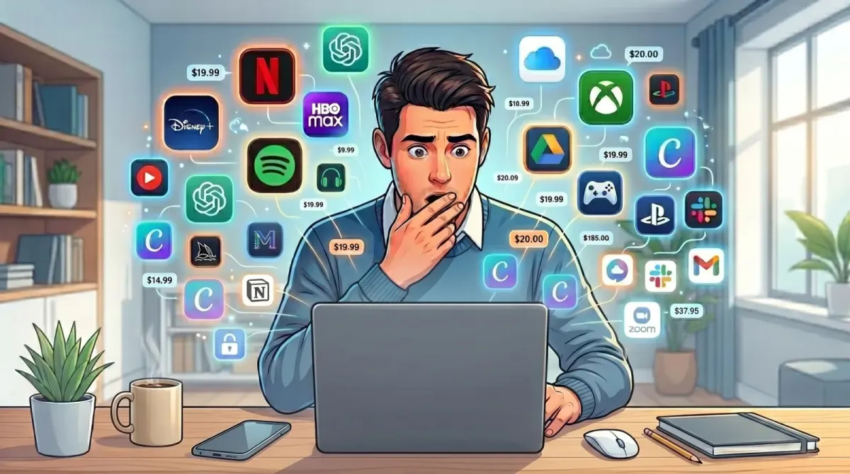 A young man looks shocked while reviewing a long list of digital subscription costs on his laptop and credit card statement, surrounded by floating icons of various streaming, productivity, and software services